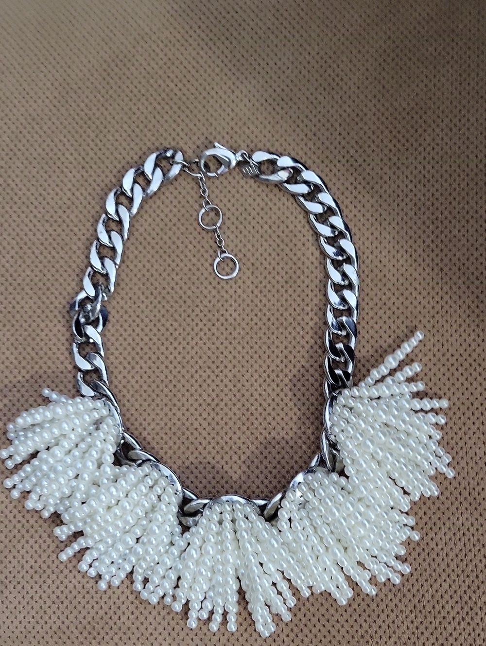 Pearl Tassel Cluster Necklace - White Faux Pearl on Silver Chain
